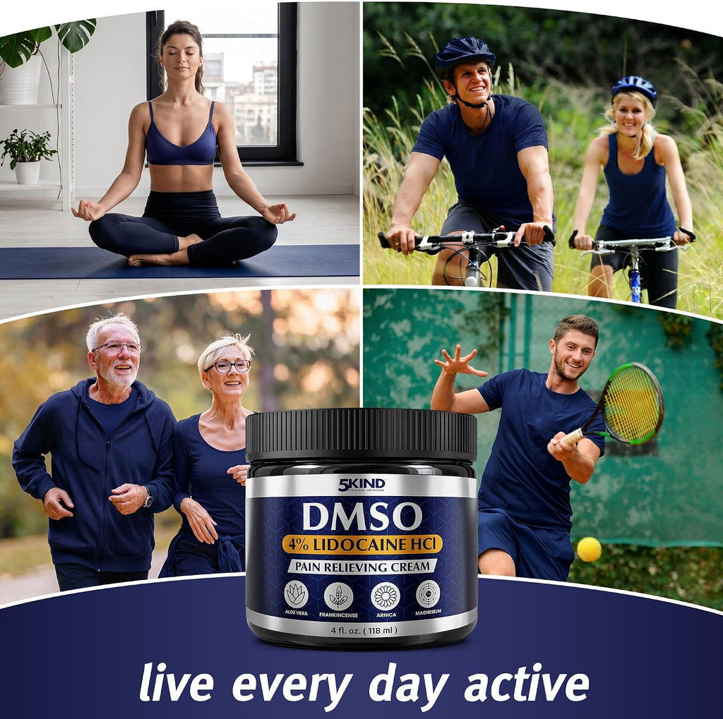 5Kind DMSO Cream with Lidocaine for Pain Relief 4 fl oz - 99.9% Pure DMSO Pharmaceutical Grade Cream - Lidocaine Cream with Aloe Vera, Magnesium, Arnica & Menthol - Registered NDC - Made in USA