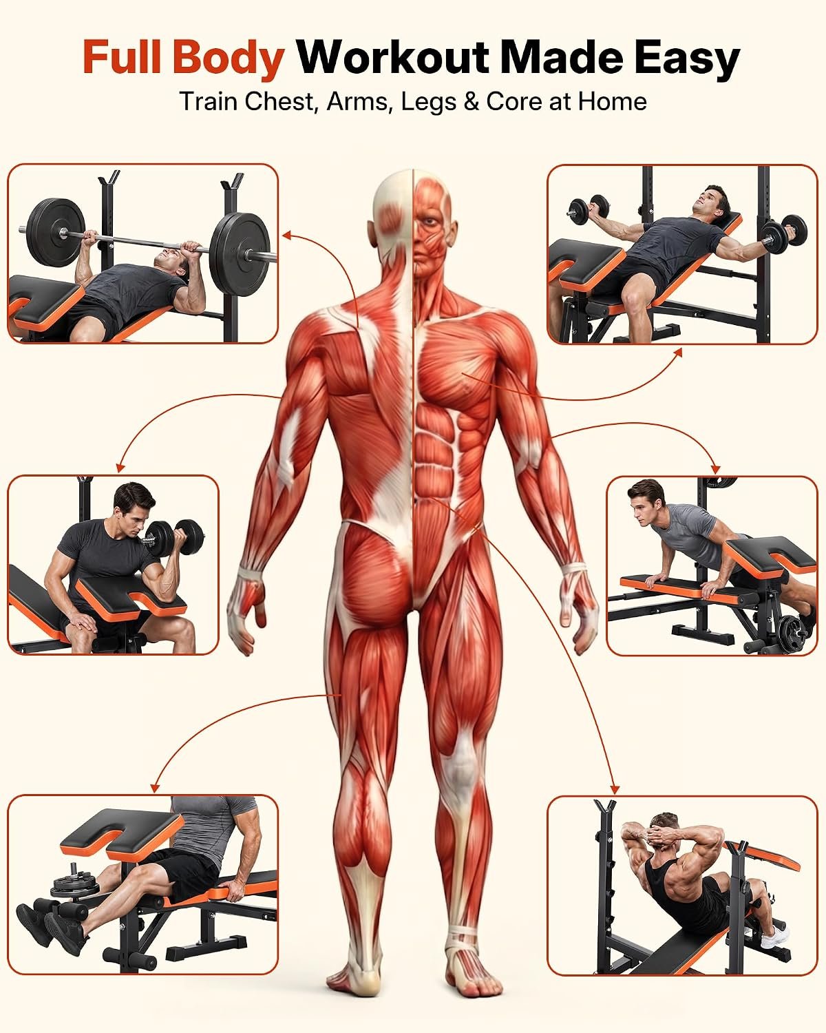 YOLEO 6-in-1 Weight Bench Set, 880LBS Adjustable Bench with Rack & Curl Pad | FID Adjust 41" Bench, Preacher Curl, Fits 5-6 ft Olympic Bar, Foldable Storage, Reinforced Steel Frame for Full-body Training