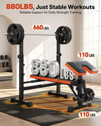 YOLEO 6-in-1 Weight Bench Set, 880LBS Adjustable Bench with Rack & Curl Pad | FID Adjust 41" Bench, Preacher Curl, Fits 5-6 ft Olympic Bar, Foldable Storage, Reinforced Steel Frame for Full-body Training
