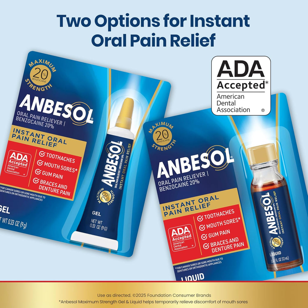 Anbesol Maximum Strength Gel Oral Pain Reliever, 0.33 oz | Instant oral pain relief from toothaches, gum pain and braces pain, canker sore treatment, 20% benzocaine, ADA accepted