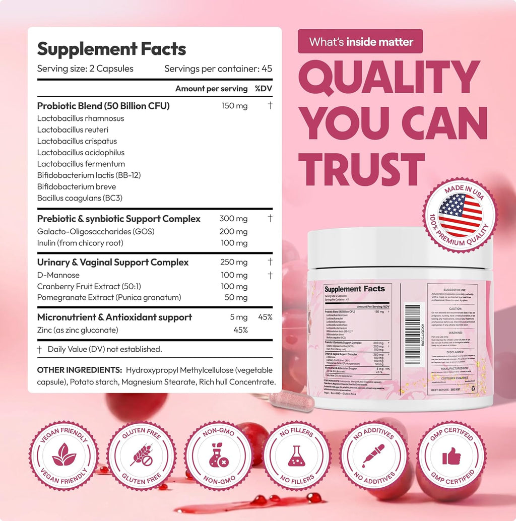 Vaginal Probiotics for Women – pH Balance & Vaginal Flora Support – Women’s Synbiotic with Probiotics & Prebiotics, Lactobacillus Blend & Cranberry – 90 Capsules