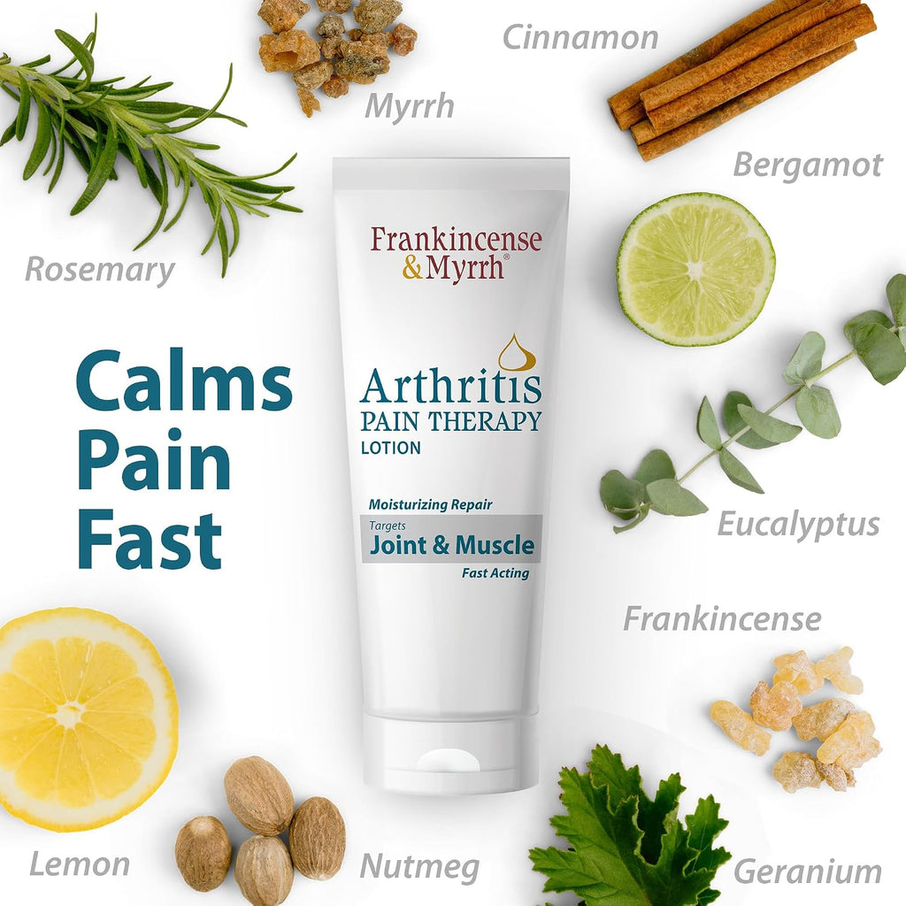 Frankincense & Myrrh Arthritis Pain Therapy Lotion, Joint & Back Relief 3oz | Deep penetrating relief. Menthol + 9 essential oils soothe sore joints, muscles, tendons & back pain. Fast Acting. Try today.