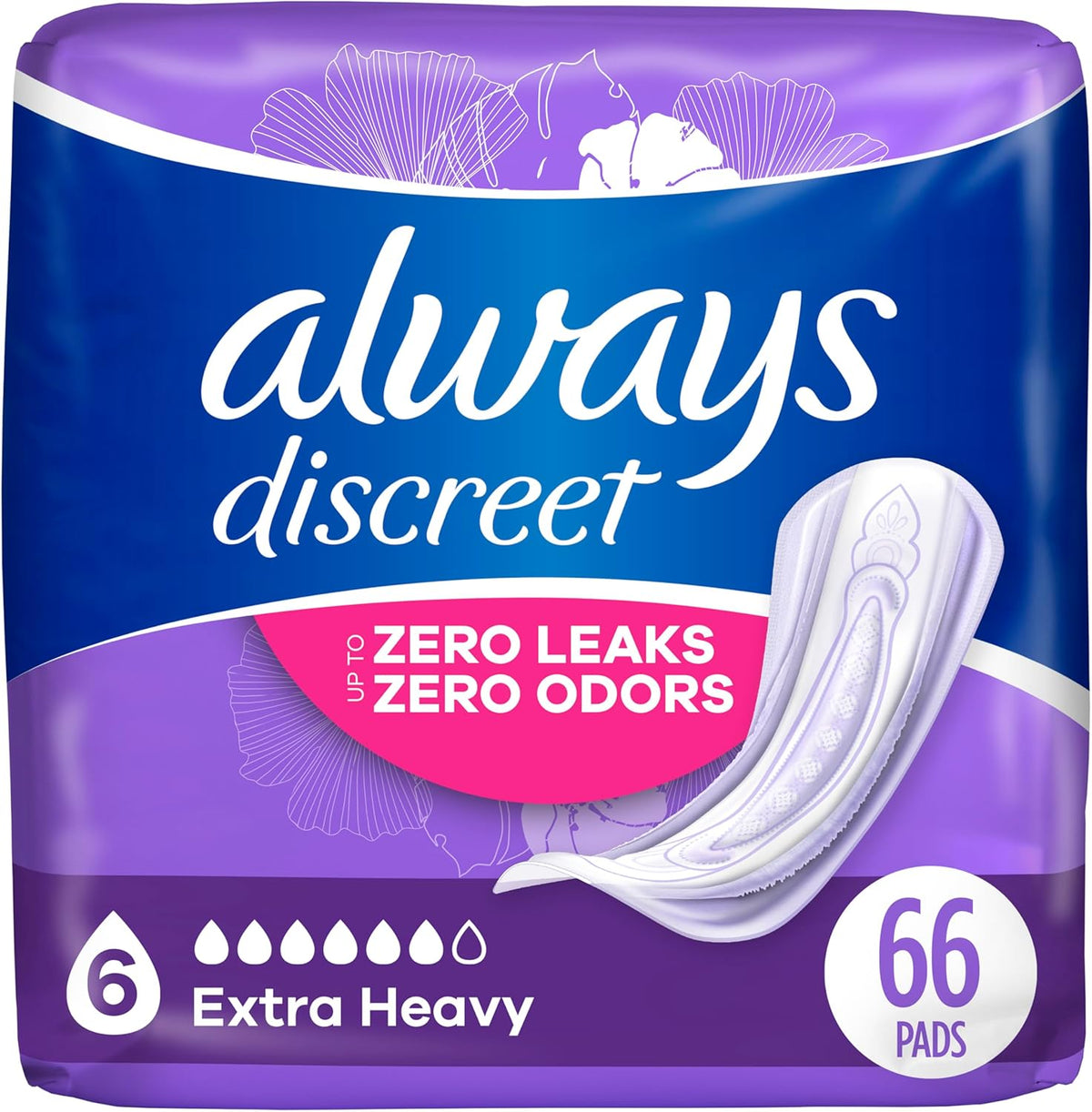 Always Discreet Incontinence Pads for Women, Extra Heavy Absorbency, 33 Count, Pack of 2, Total 66 Count