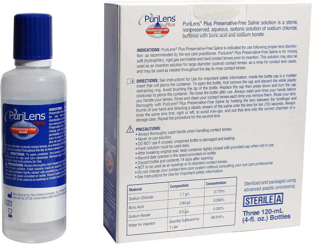 Purilens Plus Preservative-Free Contact Lens Saline 120ml (4 fl. oz.) 3 Pack
