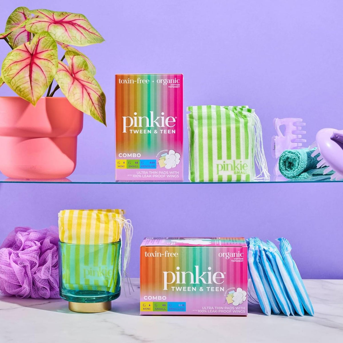 Pinkie Organic Cotton Period Pads for Tweens & Teens - Heavy Flow, 18 Count Combo Pack
