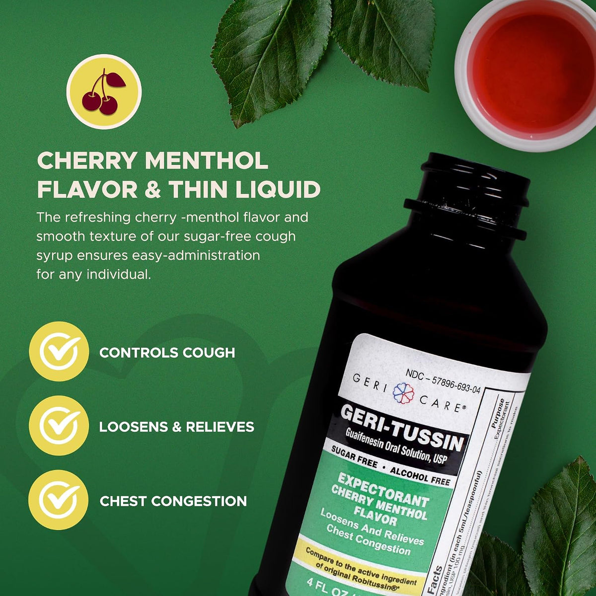 Geri-Tussin Cold and Cough Relief Guaifenesin Syrup by GeriCare| Sugar-Free Guaifenesin Liquid Expectorant| Cough Syrup & Chest Decongestant| Cherry Menthol Flavor Guaifenesin Oral Solution| 4 Fl Oz