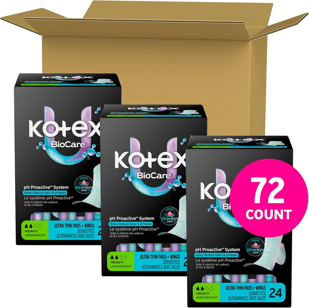 Kotex BioCare Ultra Thin Pads, Wings, Heavy, 72 Count, 3 Packs of 24