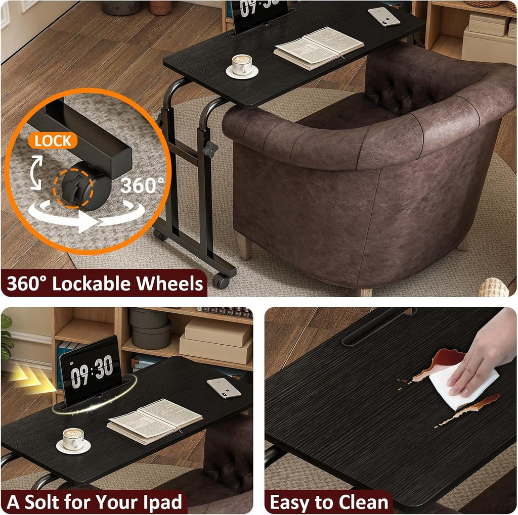 Overbed Table with Wheels, Height Adjustable Hospital Bed Table with Tablet Slot and Edge Stopper, Rolling Over Bed Desk for Recliner, Sofa, Single Bed, Laptop and Meals, Black