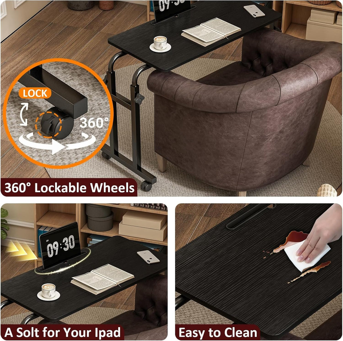 Overbed Table with Wheels, Height Adjustable Hospital Bed Table with Tablet Slot and Edge Stopper, Rolling Over Bed Desk for Recliner, Sofa, Single Bed, Laptop and Meals, Black