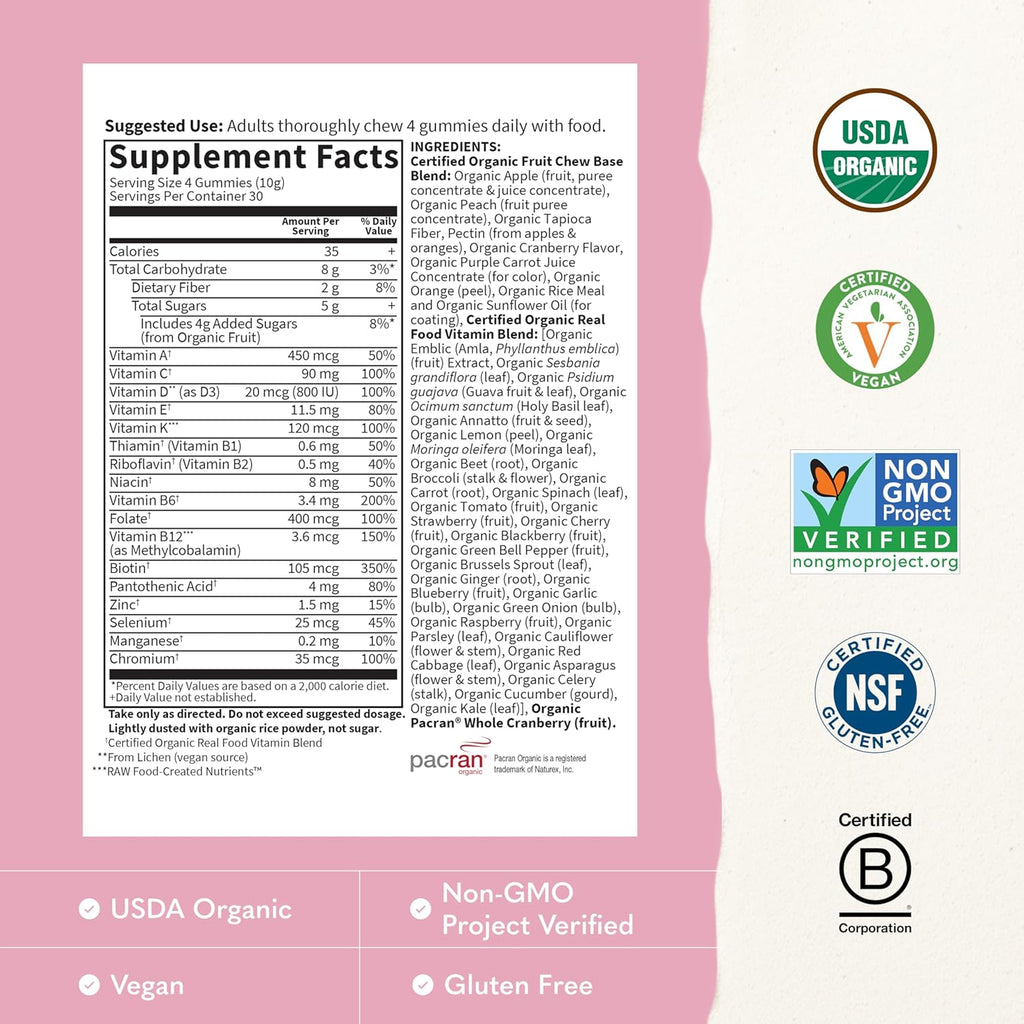 Garden of Life Organics Women's Gummy Vitamins - Berry - Certified Organic, Non-GMO, Vegan, Kosher Complete Multi - Methyl B12, C & D3 - Gluten, Soy & Dairy Free, 120 Real Fruit Gummies