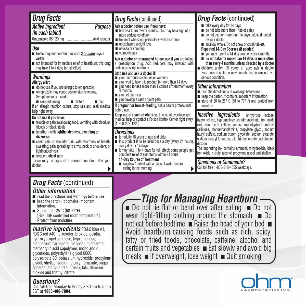 Ohm Omeprazole 20mg, 42 Delayed-Release Tablets, Acid Reducer for Frequent Heartburn, 24-Hour Relief Heartburn Medicine, Helps Relieve Stomach & Chest Discomfort (6 Weeks of Supply, 42, Count)