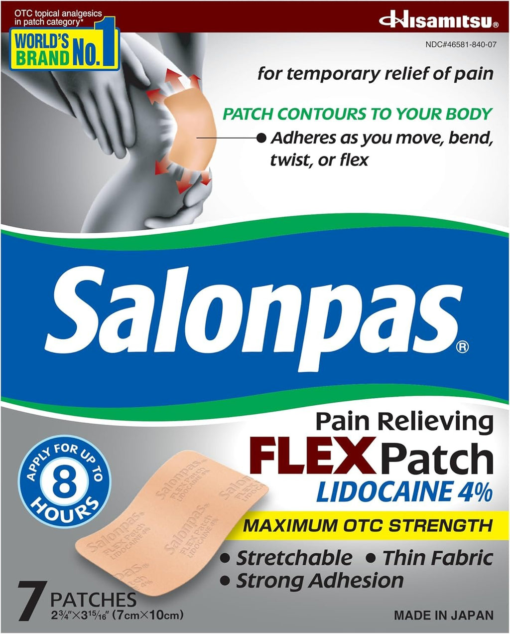 Salonpas Pain Relieving Flex Patch Lidocaine 4%, 7 Count (Pack of 1) | Maximum OTC Strength Lidocaine 4%, Apply for Up To 8 Hours, Temporary Relief of Pain, Patch Contours To Your Body