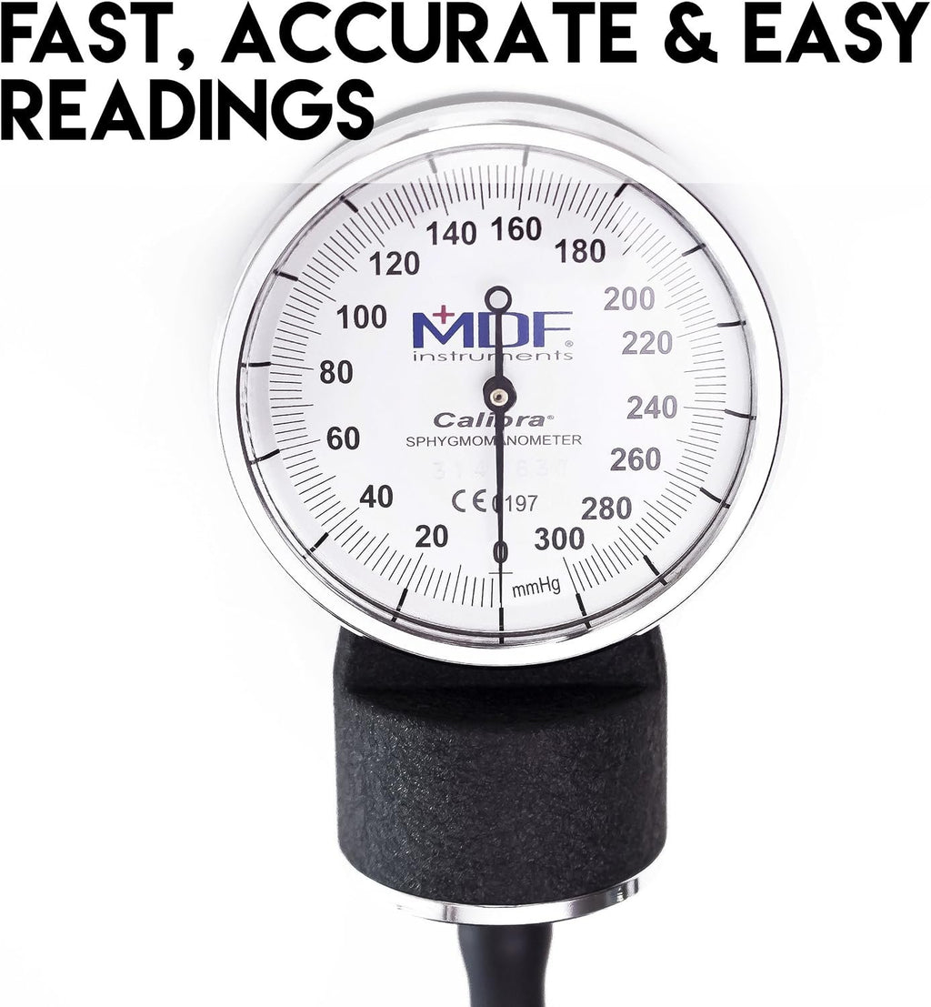 MDF Instruments, Calibra Aneroid Premium Professional Sphygmomanometer, Blood Pressure Monitor with Adult Cuff & Carrying Case, Lifetime Calibration, White Dial, Black Cuff, MDF808M11