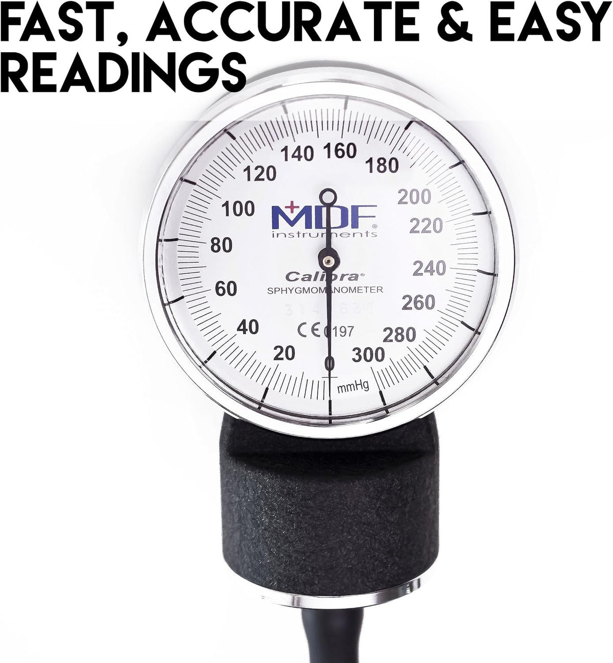 MDF Instruments, Calibra Aneroid Premium Professional Sphygmomanometer, Blood Pressure Monitor with Adult Cuff & Carrying Case, Lifetime Calibration, White Dial, Black Cuff, MDF808M11