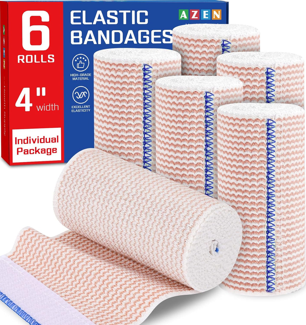 AZEN Premium 6 Pack Elastic Bandage Wrap 4 Inch, Compression Wrap Bandage for Legs, Lymphedema Wraps for Legs, Ankle, Knee, Tummy, Body, Latex-Free
