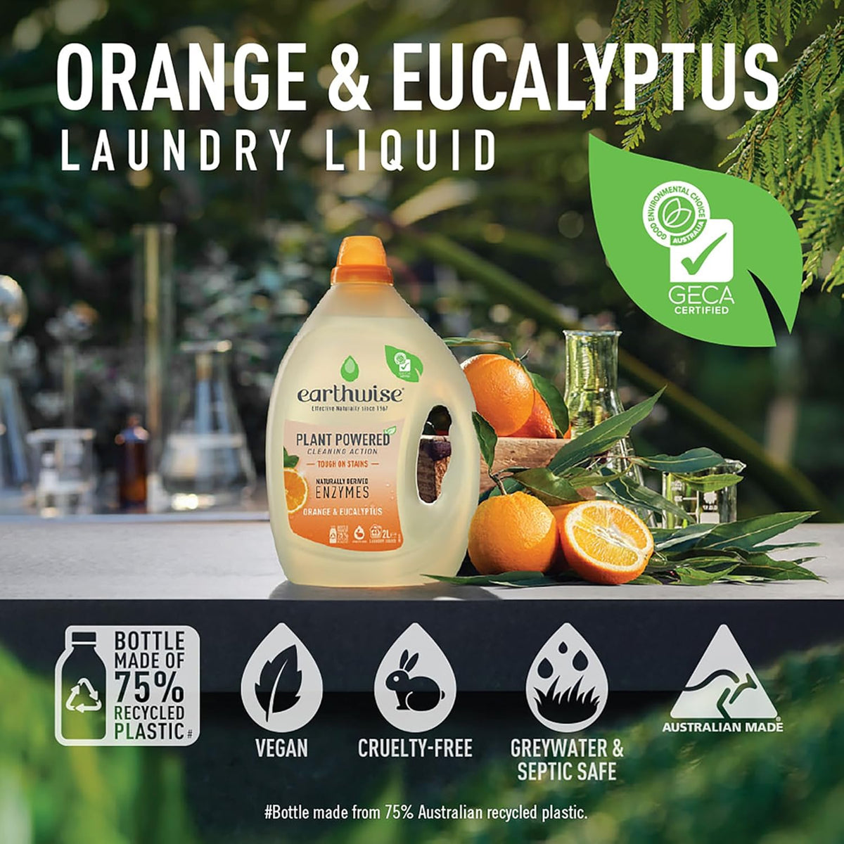 Earthwise Orange & Eucalyptus Laundry Washing Detergent Liquid 2L, 40 Washloads, Suitable for Front & Top Loader, Tough on Stains, Plant Powered Cleaning Action with Naturally Derived Enzymes