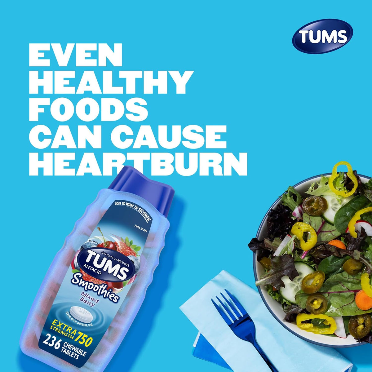 TUMS Smoothies Antacid Tablets, Heartburn Relief, Mixed Berry 236 Count