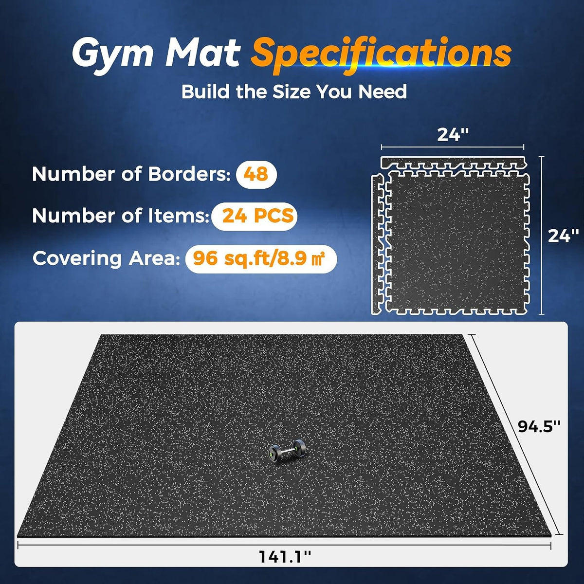 SUPERJARE 1" Extra-Thick Rubber Top Exercise Mat, Gym Flooring for Home Gym
