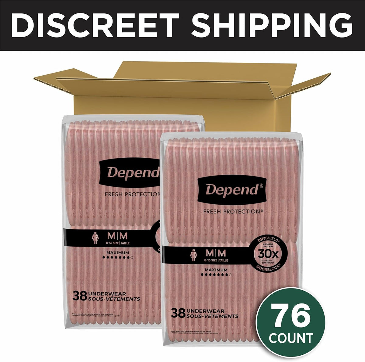 Depend Fresh Protection Adult Diapers, Incontinence & Postpartum Bladder Leak Underwear for Women, Disposable, Maximum, Medium, Blush, 76 Count (2 Packs of 38), Packaging May Vary