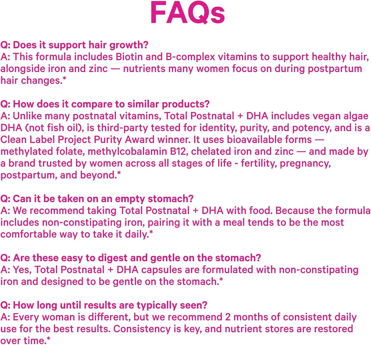 Pink Stork Total Postnatal Vitamins for Women, 60 Capsules, Berry | Clean Label Award, Vegan Algae DHA, No Fishy Burps, Methylated Folate, Iron, Gentle on Stomach, Postpartum + Lactation