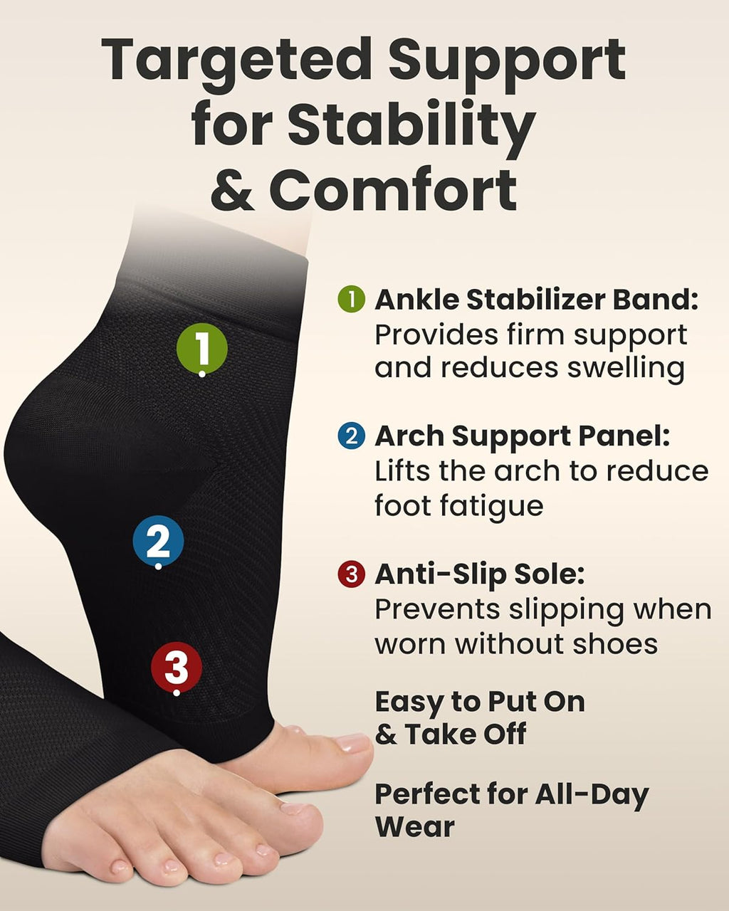 KEMFORD Ankle Compression Sleeve - 1-Pair, Plantar Fasciitis Braces - Open Toe Compression Socks for Swelling, Sprain, Neuropathy, Foot Arch Support for Men and Women - 20-30mmhg, L, Black