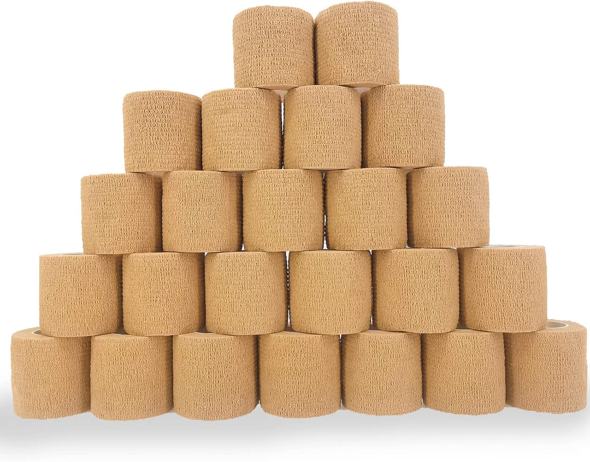 24 Pack Brown Breathable Self Adhesive Bandage Wrap 2 Inch, Multi-Purpose Non-Woven Cohesive Wrap - Vet Wrap | Athletic Tape | Medical Tape, Ankle Sprains, Swelling, Pets.