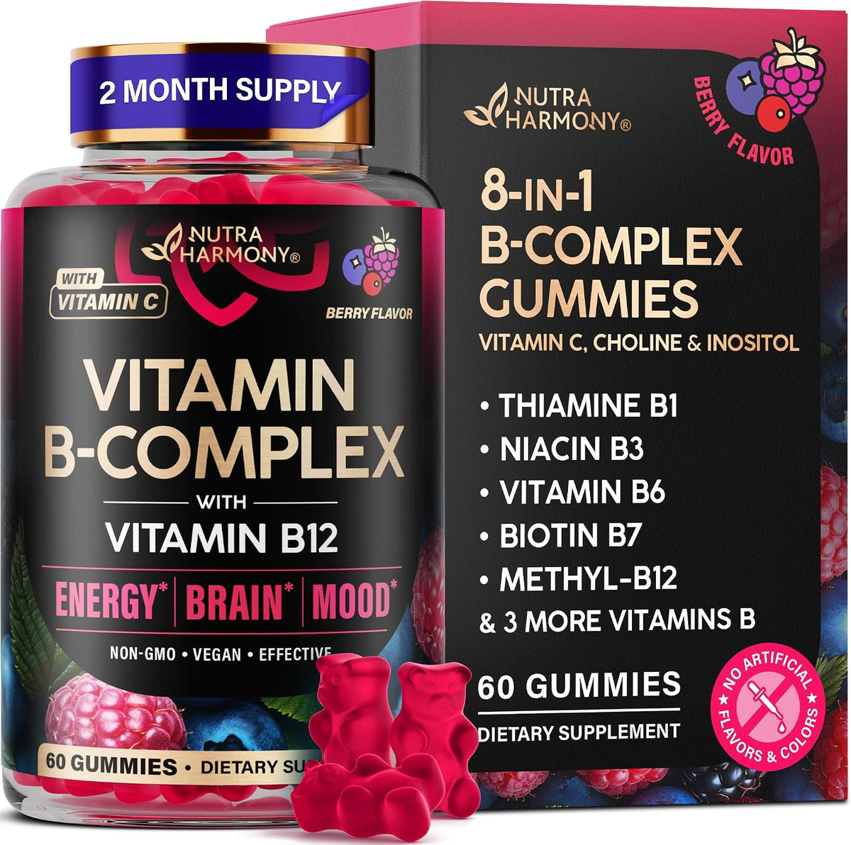 Vitamin B-Complex Gummies for Women & Men - Full B Complex & B12 - 60 Gummy | Vitamin B12, B1, B2, B3, B5, B6, B7 & B9 with Vitamin C & Choline - Energy, Brain & Mood - Natural Berry Flavor, Vegan