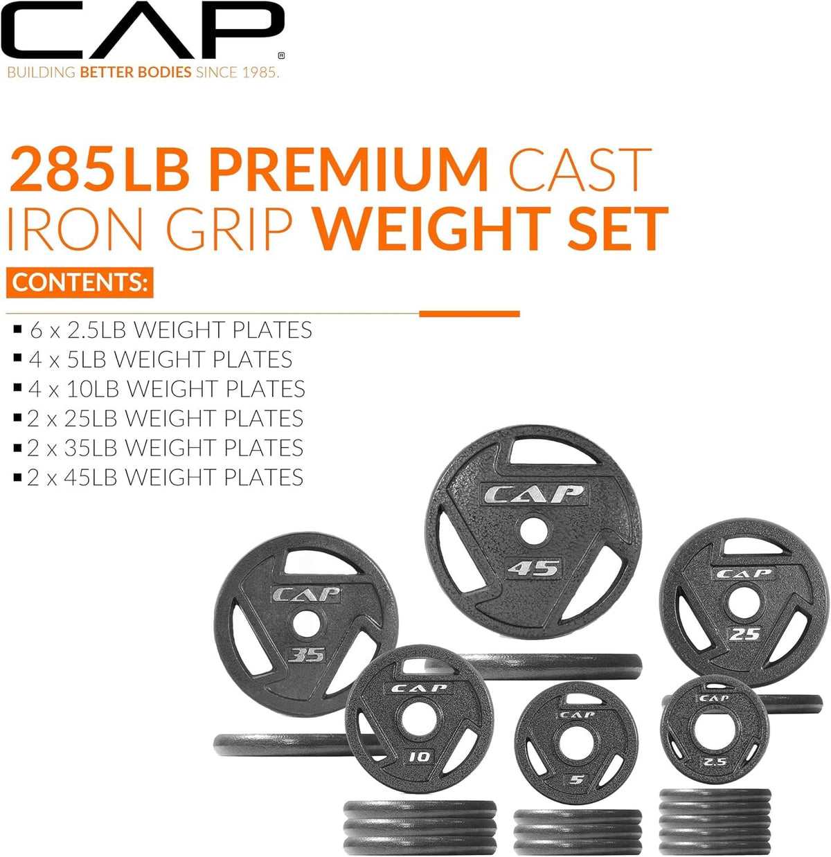 CAP Barbell 2-Inch Olympic Cast Iron Plate Weight Set | 75-285 lbs | Multiple Options
