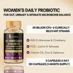 Women's Probiotic 50 Billion CFU | Vaginal, Urinary Microbiome & Gut Health Support | 6 Strains Probiotic for Women with D-Mannose + Cranberry + LNT Prebiotic | 120 Capsules (60-Days)