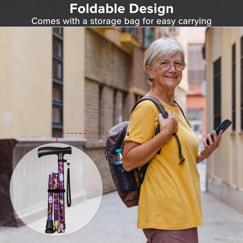 Floral Canes for Women Folding Cane for Stability with Non-Slip Base, Adjustable Walking Cane for Seniors - Lightweight Collapsible Walking Sticks with T & Offset Handle