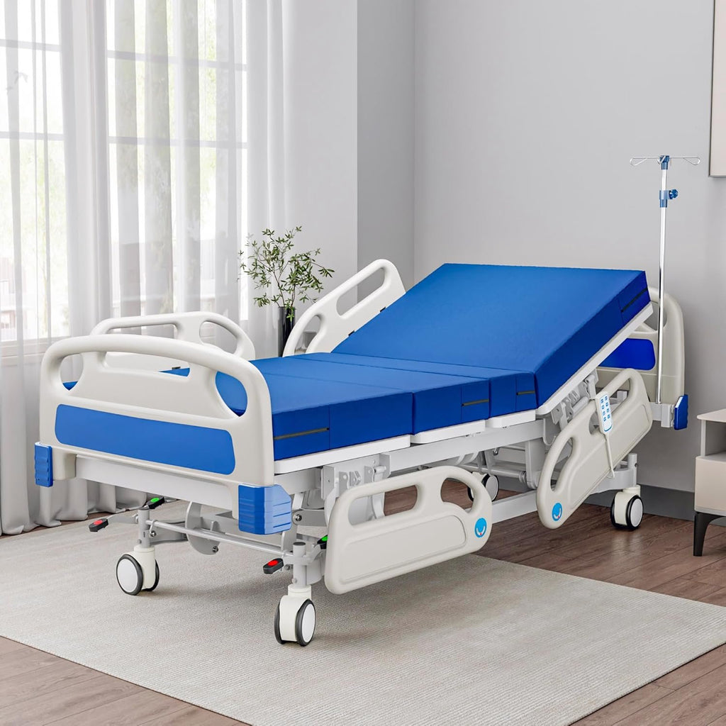 Premium Full Electric Hospital Bed for Home Use, 5 Function Medical Bed with 4.7” Foam Mattress, Height Adjustable, Central Locking System, Includes Sheets (2X)
