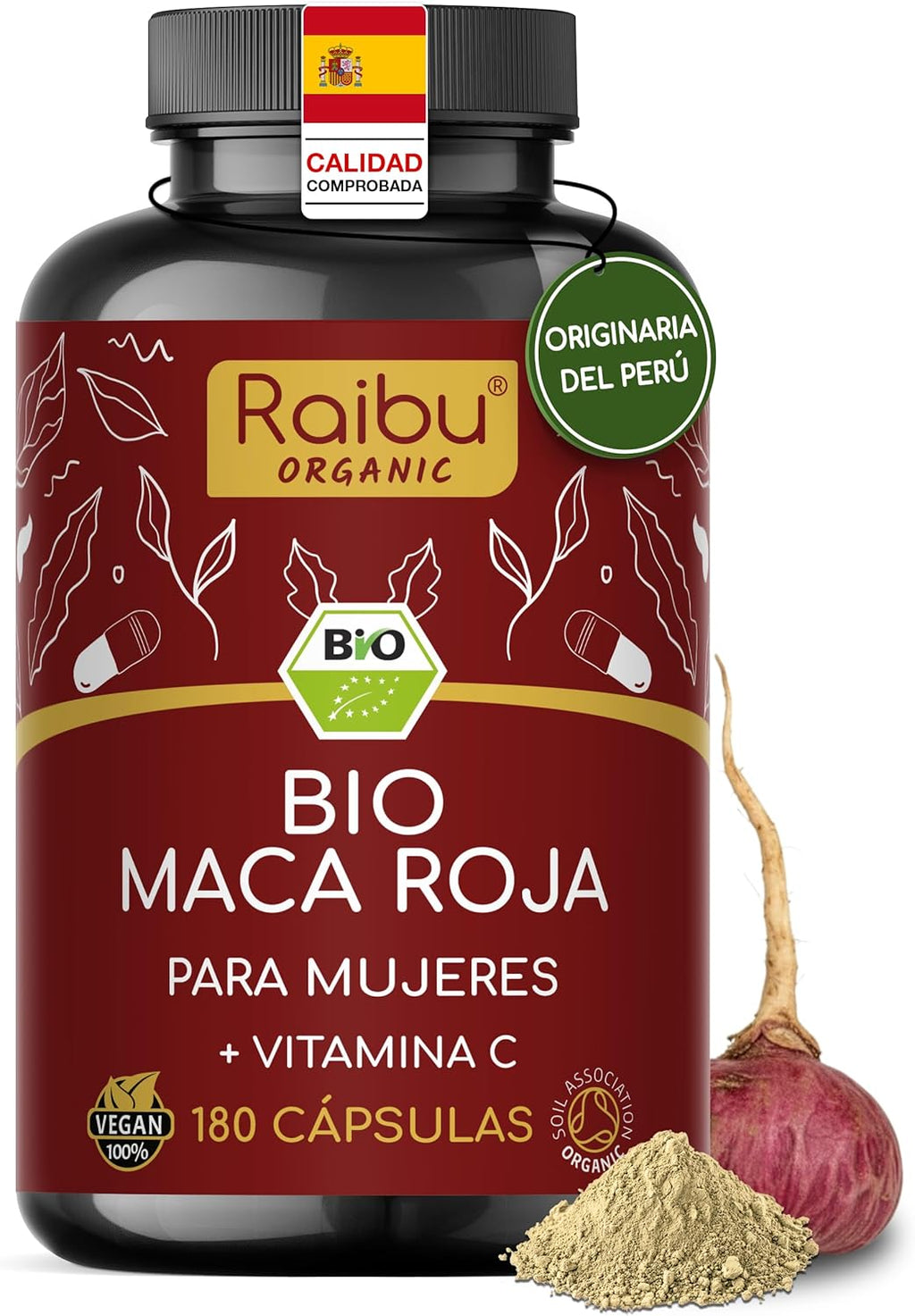 Red Maca BIO Peruana - 180 capsules of Red Maca with vitamin C - Vitality and feminine balance - 3,200 mg per daily dose (equivalent to 12,800 mg of Peru root) - Certified organic
