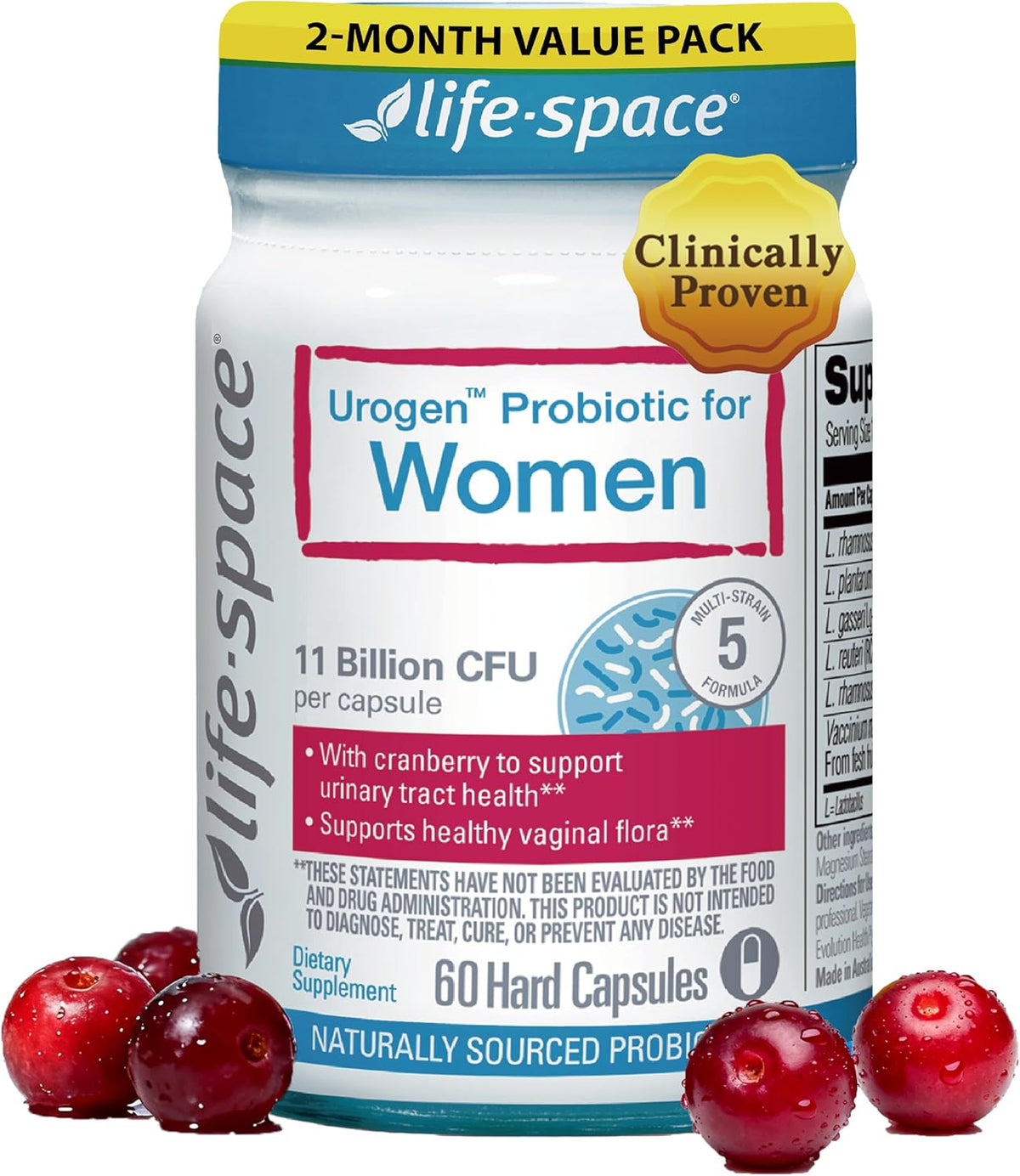 Life-Space Urogen Probiotics for Women, Probiotics+Cranberry, 2 Month Serving, Women's Probiotic for PH Balance, Urinary Tract, Digestive & Immune Health, Lactobacillus reuteri, Non-GMO, 60 Ct