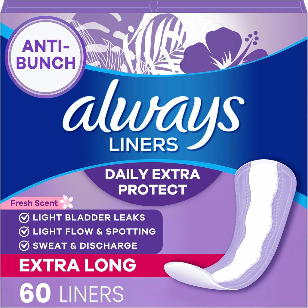 Always Pantiliners with Odor Lock for Women, Extra Protection Absorbency Liners, Long Plus-60 count