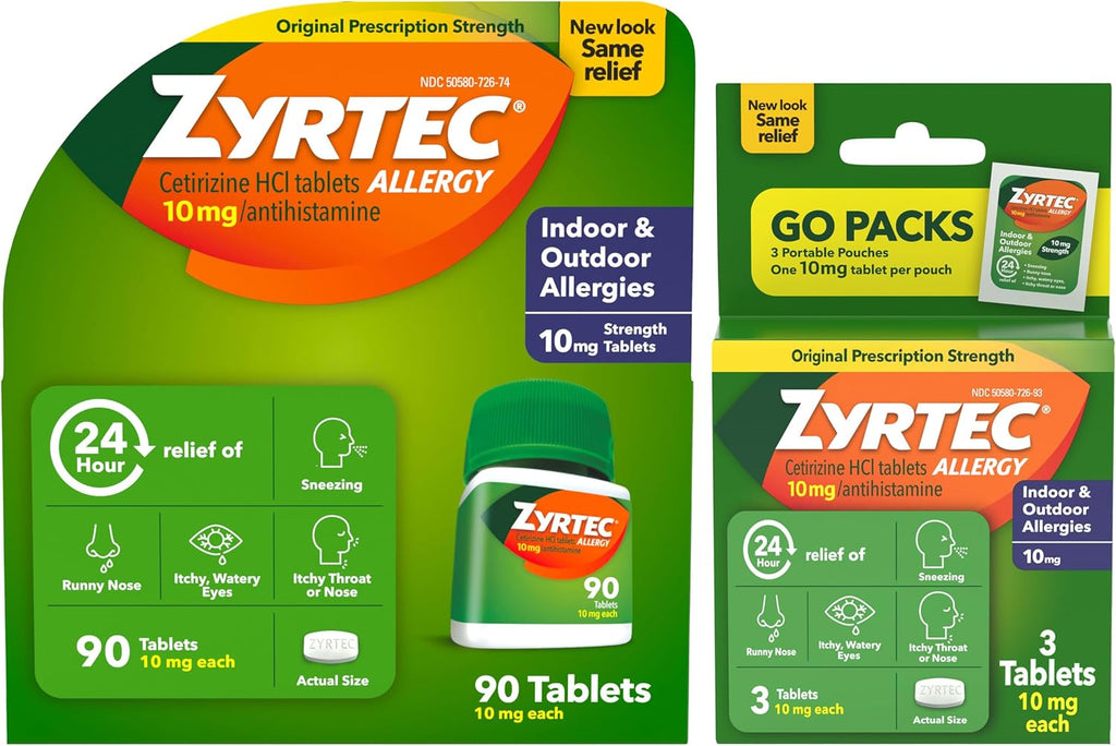 Zyrtec 24-Hour Allergy Relief Tablets, 90-Ct Size Plus 3x1-Ct Packs | 10 mg Cetirizine HCl, Allergy Medicine, For Symptoms like Runny Nose, Sneezing, Itchy & Watery Eyes & Itchy Nose or Throat