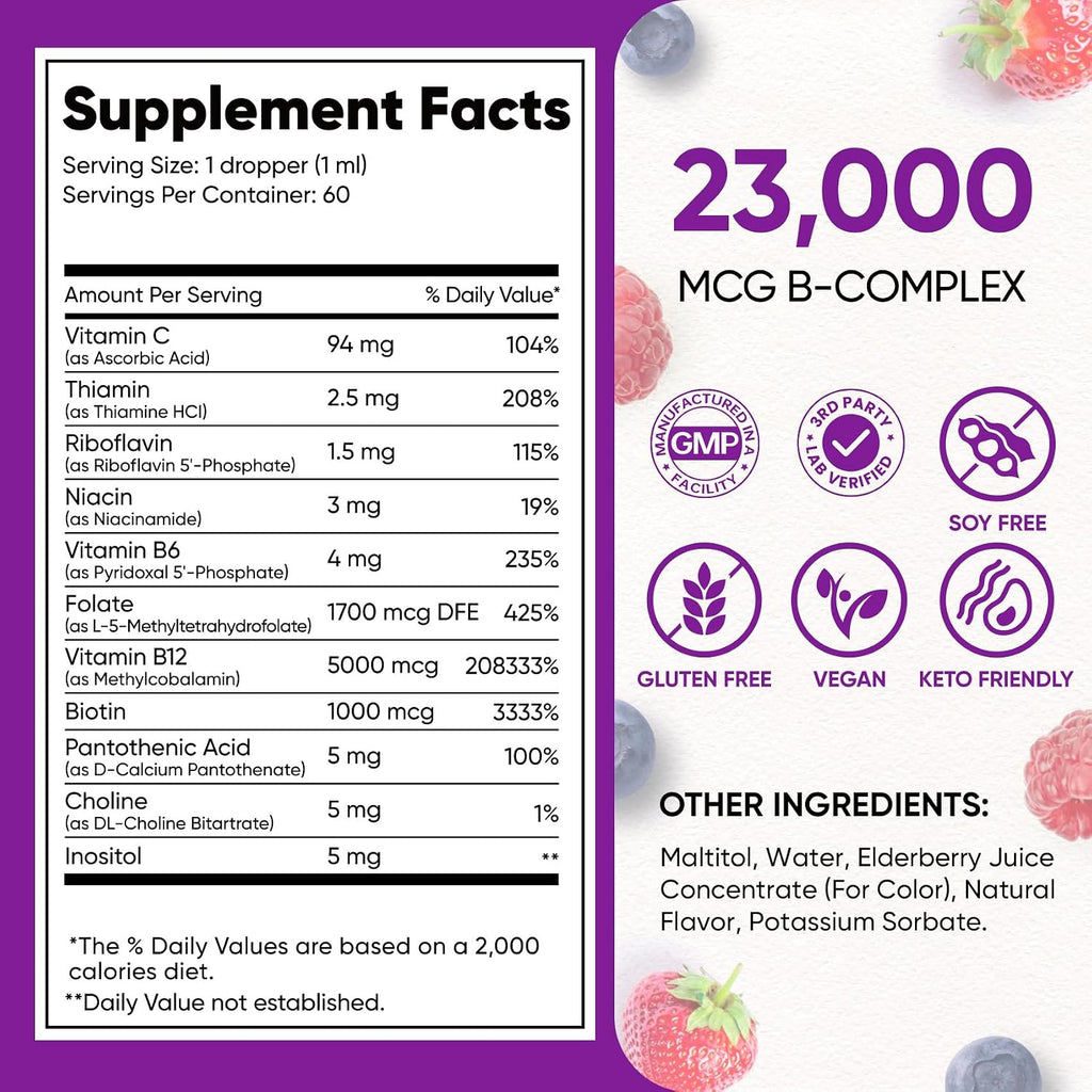 Vitamin B Complex 23000mcg - Methyl B12| B9 Folic|B7 Biotin,B1,B2,B3,B5,B6, | Vitamin B Complex Liquid Drops for Men & Women with Vitamin C, Choline & Inositol for Energy, Immune & Brain Support - 2Oz