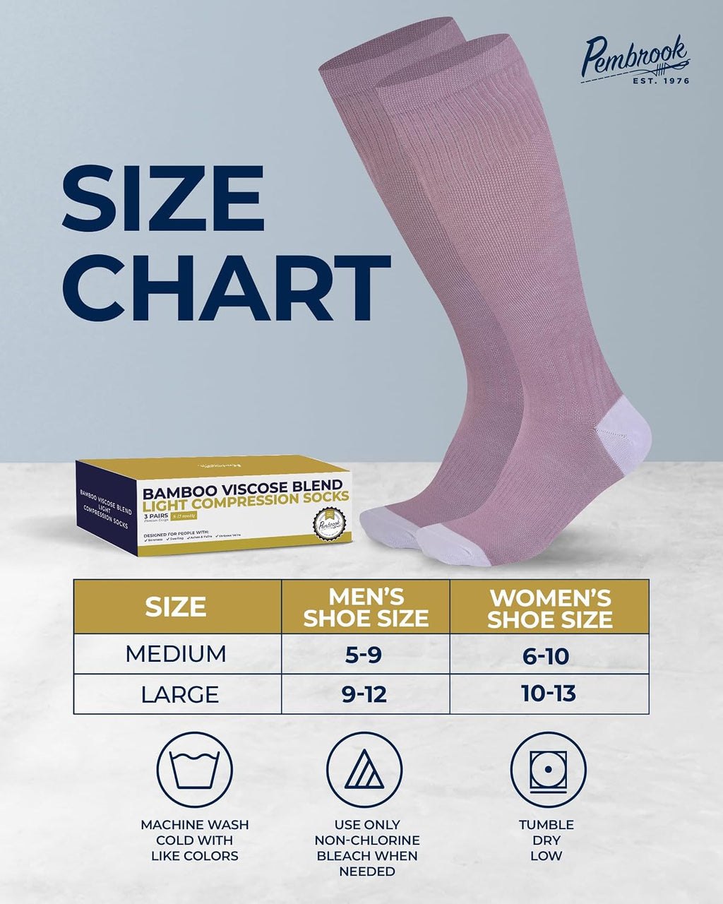 Pembrook® Bamboo Viscose Light Compression Socks - 3 Pairs | 8-15 mmhg Compression Socks | Knee High Comfort Support Socks