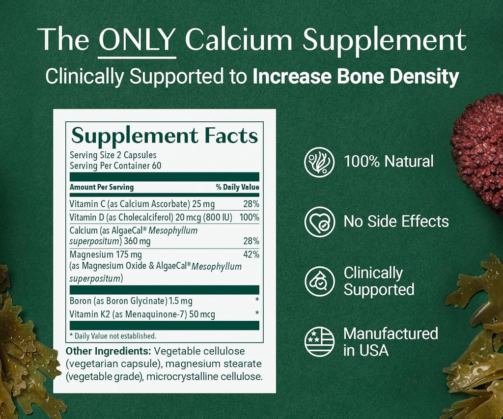 ALGAECAL Plus Calcium Supplement for Bone Density, with D3 K2, 120 Caps