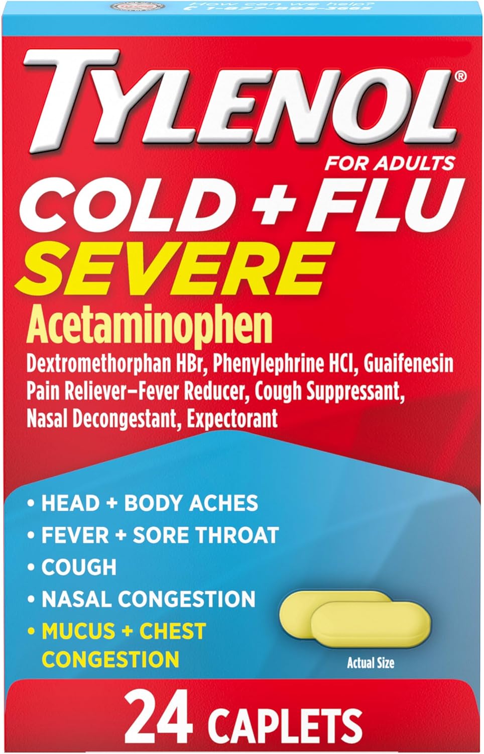 Tylenol Cold + Flu Severe Caplets, Acetaminophen, 24 ct | Fever Reducer, Pain Reliever, Cough Suppressant, Nasal Decongestant & Expectorant