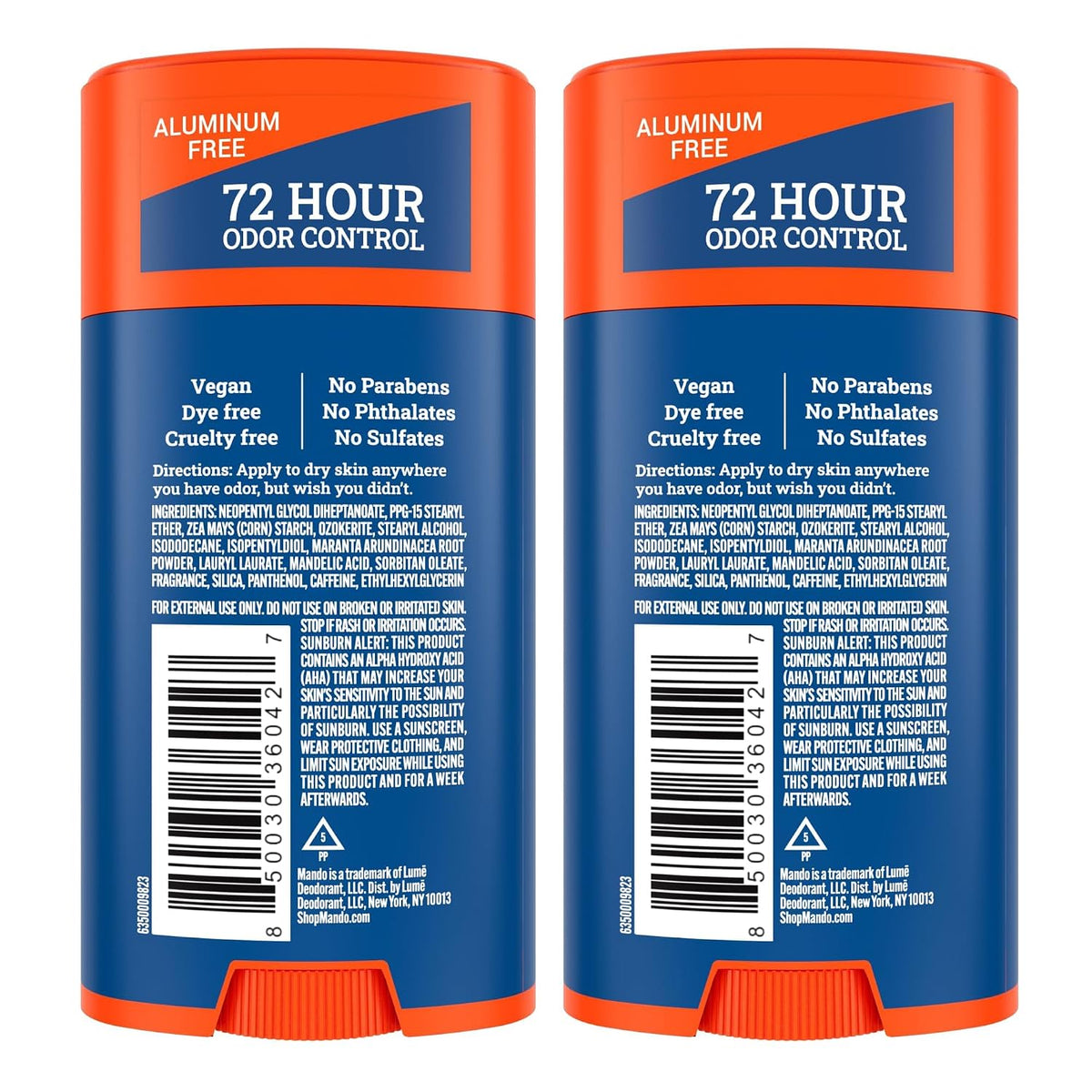 Mando Whole Body Deodorant For Men - Solid Stick - 2.6 oz, 2 pk - Pro Sport | 72 Hour Odor Control with Mandelic Acid. Use on underarms, chest, feet & below the best. Aluminum Free & Baking Soda Free