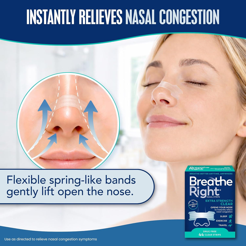 Breathe Right Nasal Strips, Extra Strength, Nasal Congestion, Clear, 44ct | Opens nose and increases nasal airflow, helps relieve nasal congestion for better breathing, drug-free, use anytime, anywhere
