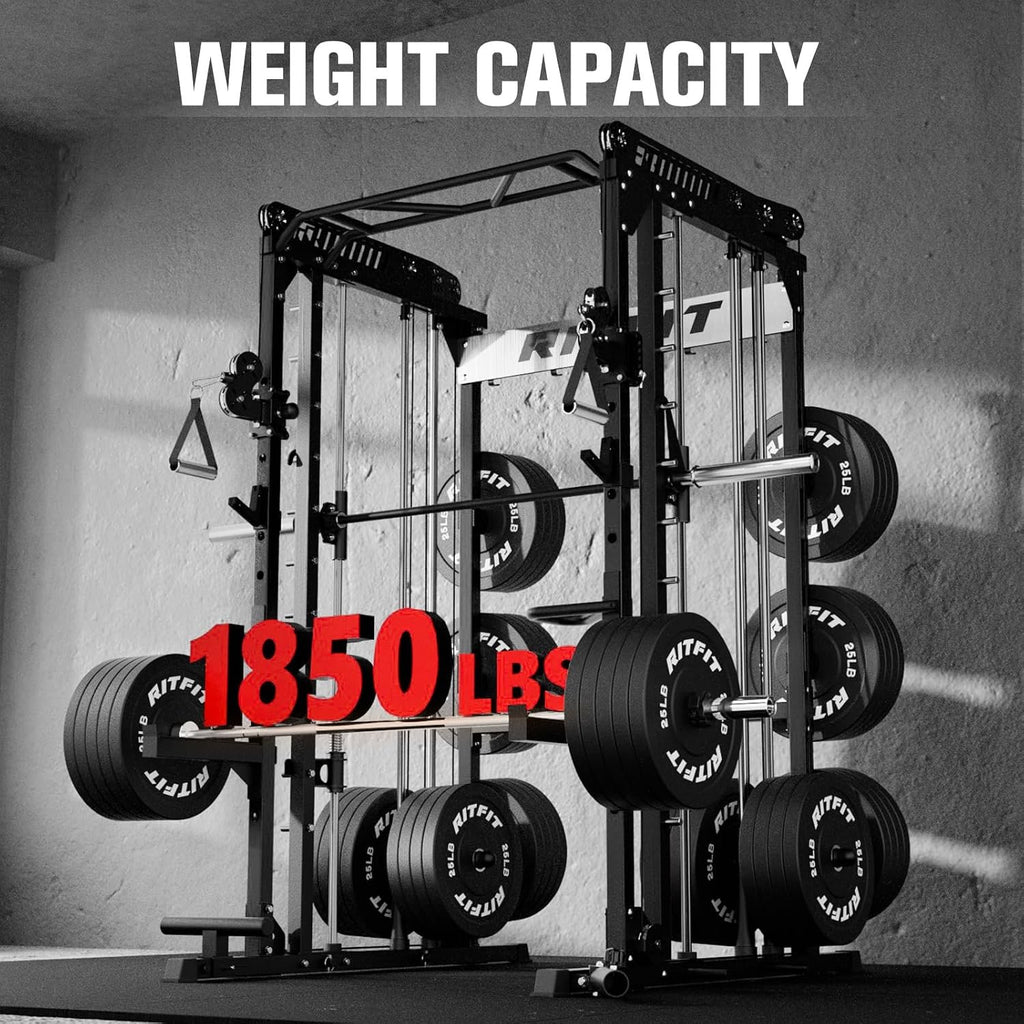 RitFit M1 Pro Smith Machine Cable Crossover Power Cage Home Gym | Dual 360 Cables, Barbell & Handles, LAT Pulldown, 1850LBS Weight Capacity