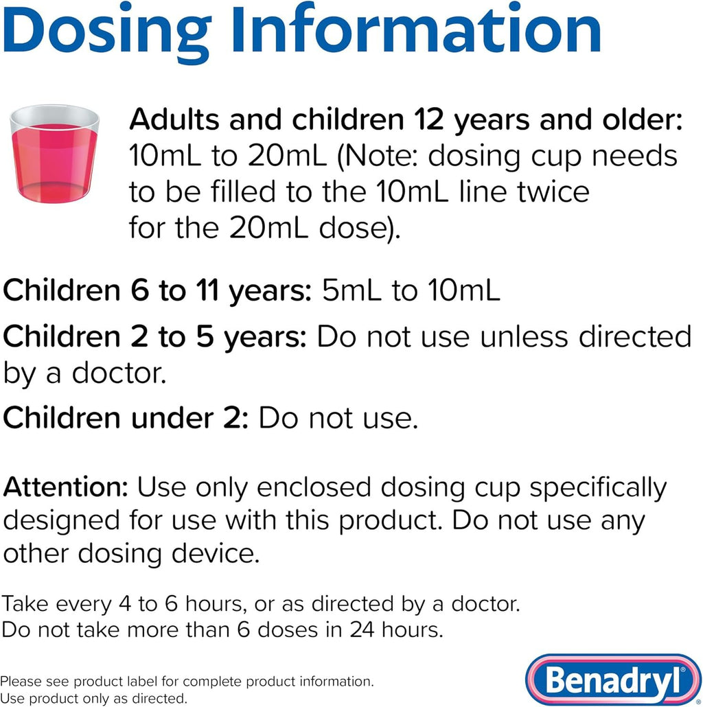 Benadryl Allergy Medicine Liquid, Diphenhydramine HCl, Wild Cherry, 4 fl oz | Antihistamines for Adults, Alcohol-Free, Hay Fever Allergy Relief for Sneezing, Runny Nose, Itchy & Watery Eyes