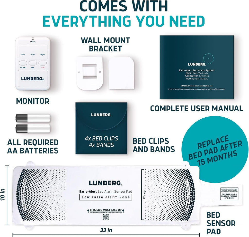 Lunderg Wireless Early Alert Bed Alarm System for Elderly & Fall Prevention | Alerts Caregivers Before They Get Up. No Loud In-Room Alarm To Frighten Your Loved One. Great For Dementia Care. US Company.