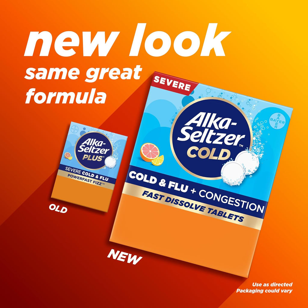 Alka-Seltzer Cold, Cold & Flu + Congestion Severe Fast Dissolve Tablets, Flu Medicine, Multi-Symptom Relief, Body Aches and Pains, Fever Reducer, Congestion Relief, Citrus Flavor, 24 Count