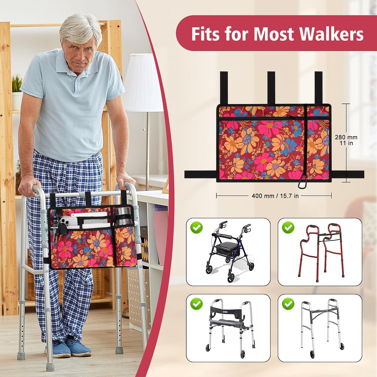 supregear Accessories Bag for Walker, Wheelchair, Rollator - Walker Basket Bag w/Cup Holder - Seniors Caddy Attachment Pouch for Walkers, Water Resistant Large Capacity Carry Storage Carrier Tote