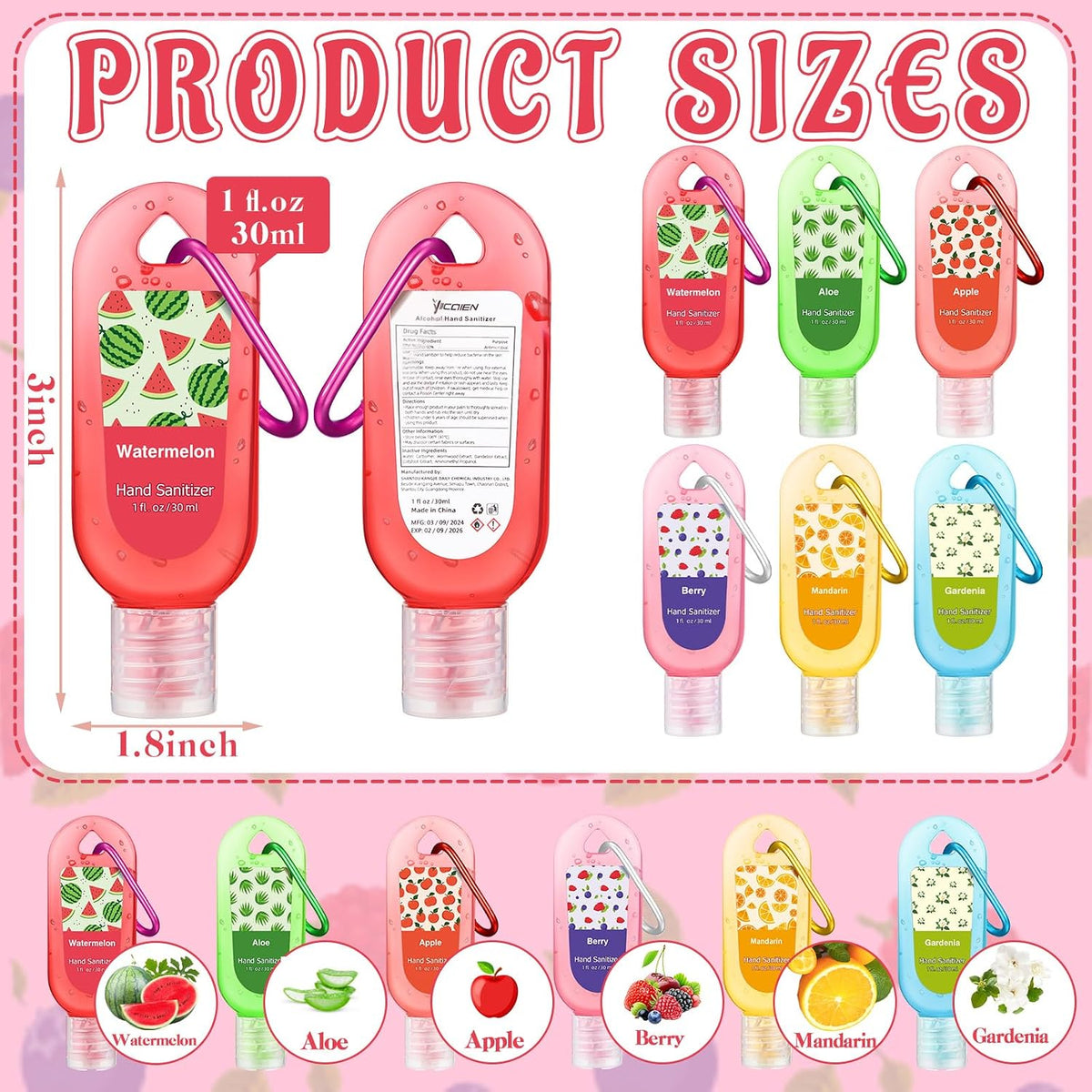 24 Pack Mini Hand Sanitizer Travel Size Scented with Keychain