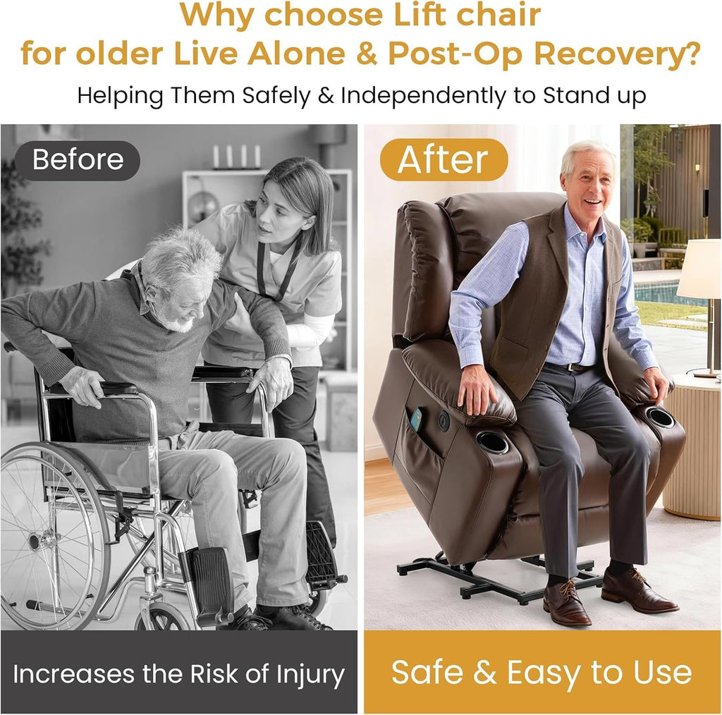 PARKOL Leather Power Lift Recliner Chair for Elderly and Adults | 8-point massage, lumbar heat, silent motor, water-resistant PU leather, USB charging and cup holders, easy assembly