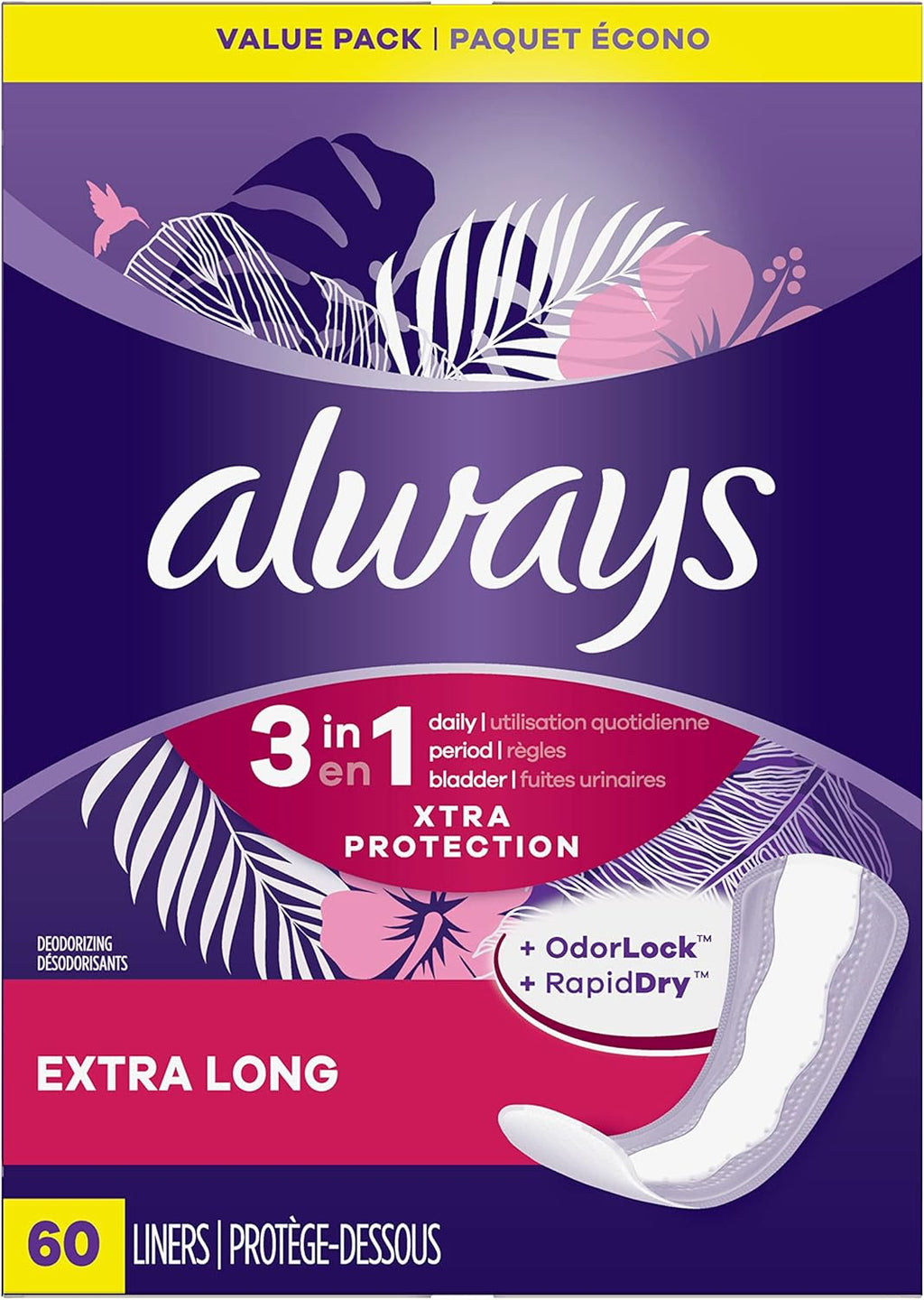 Always Pantiliners with Odor Lock for Women, Extra Protection Absorbency Liners, Long Plus-60 count