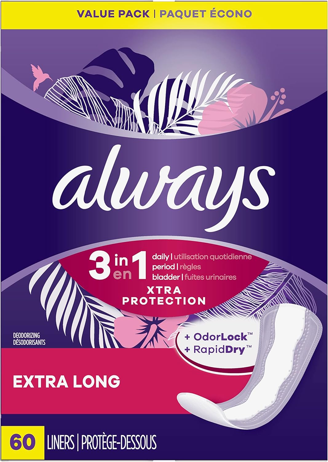 Always Pantiliners with Odor Lock for Women, Extra Protection Absorbency Liners, Long Plus-60 count